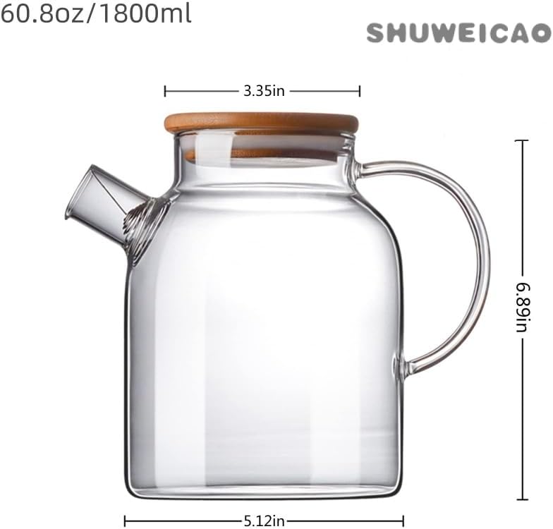 SHUWEICAO- Glass Teapot, Stovetop and Microwave Safe Glass Borosilicate Teapot, 60.8 oz Clear Glass Pitcherwith Natural Bamboo Lid and Removable Filter for Making Flower Tea and Juice