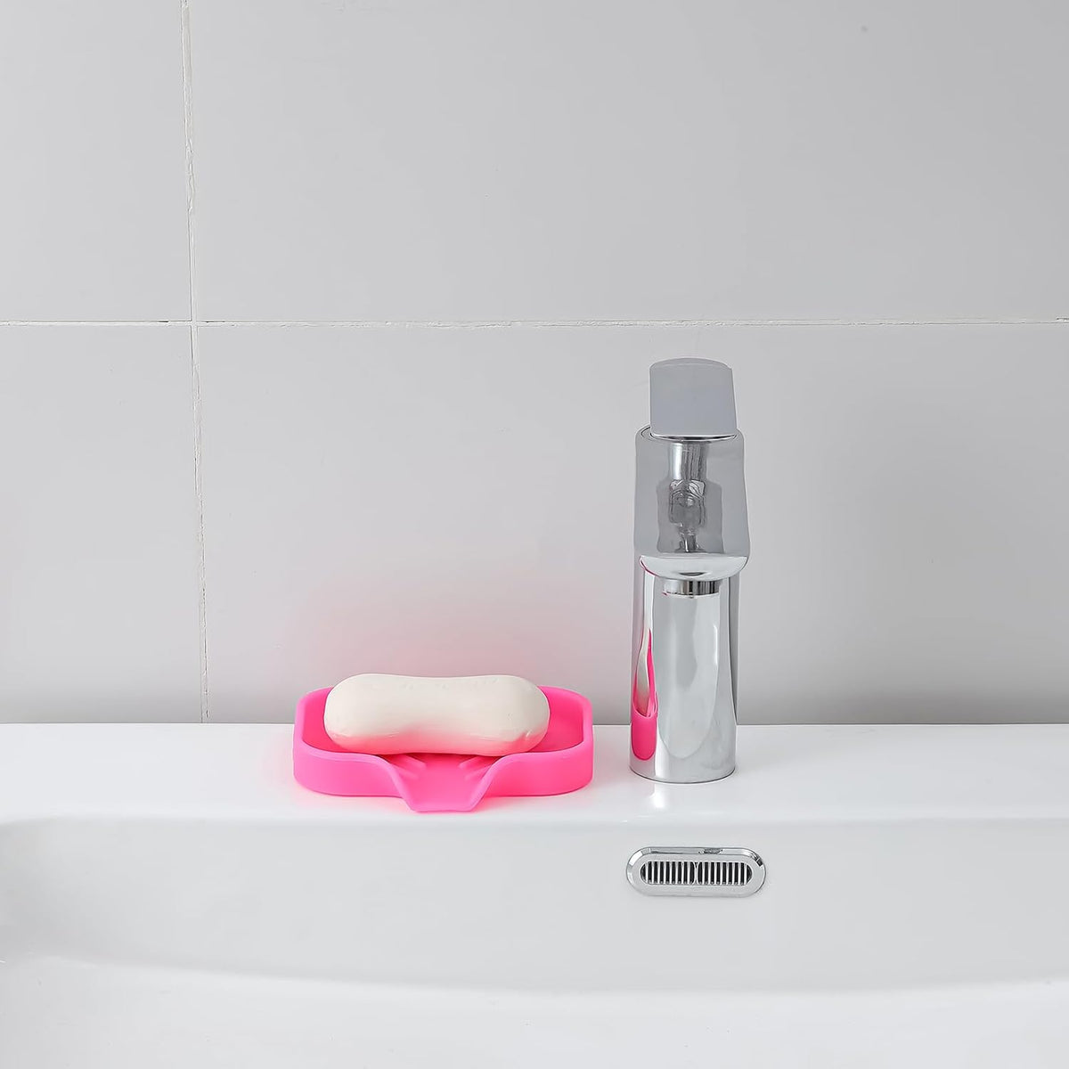 Silicone Bathroom Soap Dishes with Drain Spout-Bathroom and Kitchen Sink Organizer,Sponge Holder,Dish Soap Tray,Perfect for Dispenser,Scrubber,Bottle,Cup on Sink or Counter-Rose 4.9"×3.2"