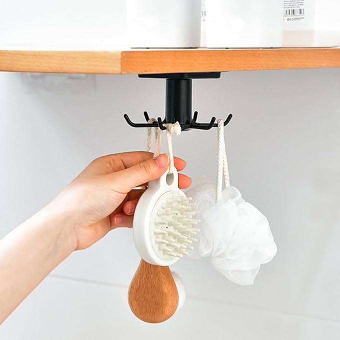 4 PCS Under Cabinet Kitchen Utensil Hooks 360° Rotation Adhesive Nail Free Hanging Rack for Kitchen Utensils, Tools, Towel, Knife (Black)