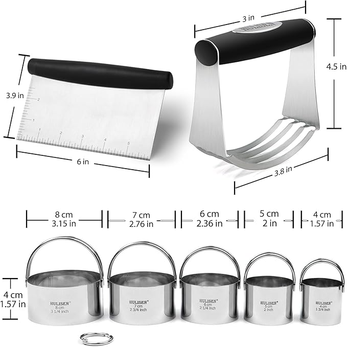 HULISEN Stainless Steel Biscuit Cutter Set, Pastry Scraper and Dough Blender, Sturdy & Long-Lasting with Ergonomic Rubber Grip, Professional Baking Dough Tools, Gift Package (3 Pcs/Set)