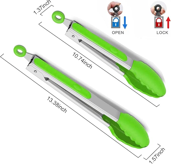 2-Pack of 9" (Small) & 12" (Large) Kitchen Tongs Set: Non-Stick Silicone-Stainless Steel Cooking Tongs, BPA Free, Heat Resistant (480°F) - Non-Slip Grip & Locking Metal Food Tongs (Green)