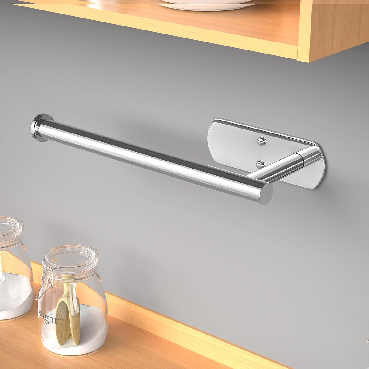 VAEHOLD Self Adhesive Paper Towel Holder Under Cabinet Mount, Wall Mounted Paper Towel Roll Holder for Kitchen, Bathroom, Wall - Stainless Steel (Bright Surface)