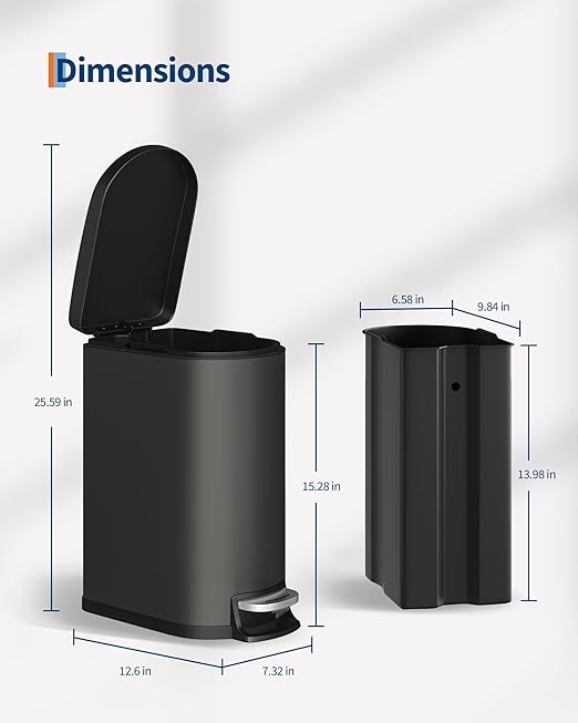 GarveeHome 2.6 Gallon Bathroom Trash Can, Space-Saving Slim Stainless Steel Step-On Garbage Bin with Soft Close Lid, Removable Inner Bucket for Bathroom & Bedroom, Black