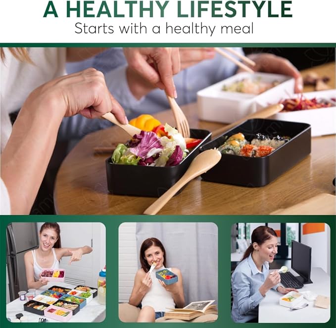 Umami Bento Box Adult All-in-1 w/ 4 Utensils, 100% Leakproof, Dishwasher & Microwave Safe Lunch Containers for Adults w/ 4 Compartments, Black & Gold, 40 oz