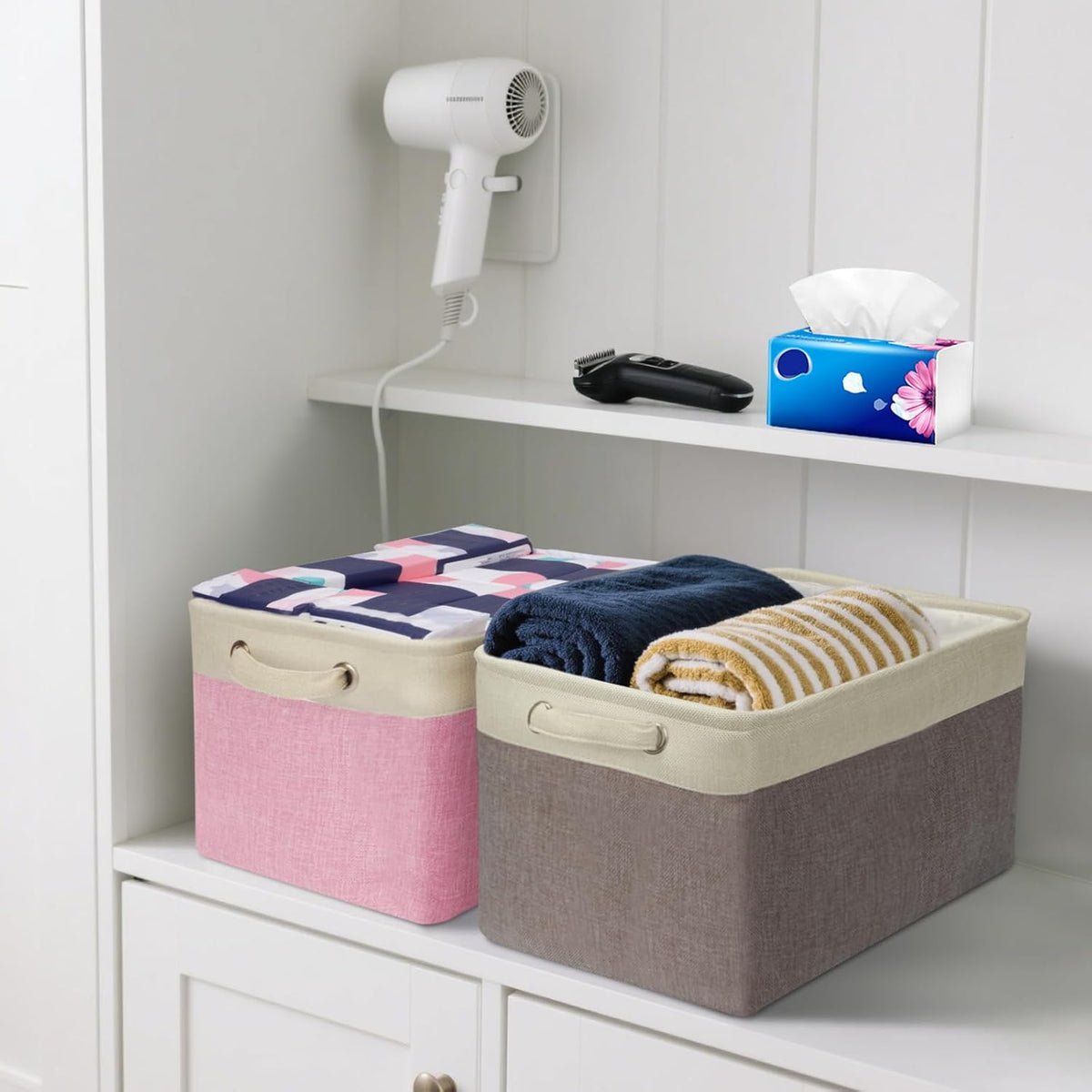BALEINE 2 Pack Fabric Storage Bins for Shelves, Linen Storage Baskets for Organizing, Decorative Closet Bins for Clothes, Home (Black, 15"x11"x9.5")