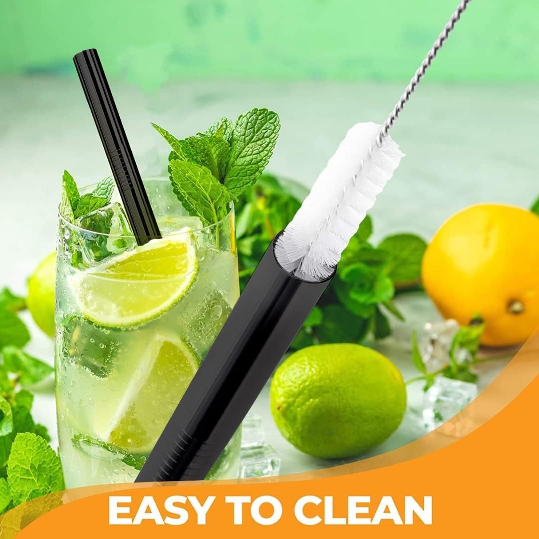 Vinaco Reusable Smoothie Straws & Milkshake Straws 0.4" Wide Mouth Straw, Set of 6 Stainless Steel Straws 8.5"&10.5" with 1 Long Straw Cleaner Brush,Black Metal Straws for Jumbo Thicker Drinks
