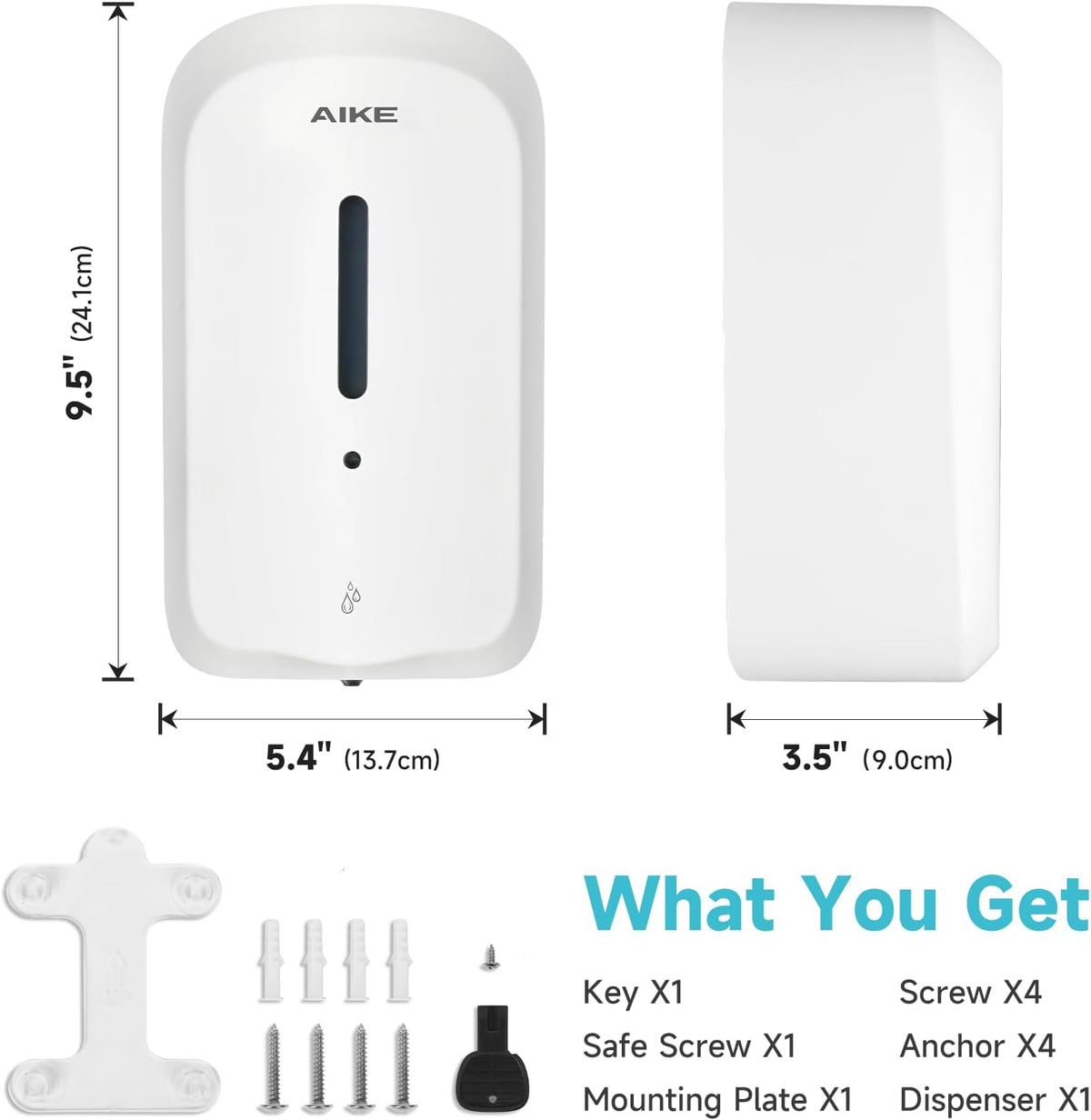 AIKE 33.8oz Automatic Wall Mount Liquid Soap Dispenser with Commercial ABS Construction, Model AK1226S(White)