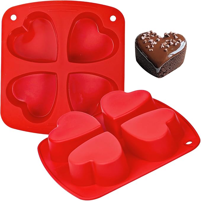 Webake Silicone Heart Mold 2.75" Heart Shaped Cake Pans, 4-Cavity Air Fryer Baking Pan Muffin Cupcake Mold for Baking, Soap, Egg Bites 2 Pack