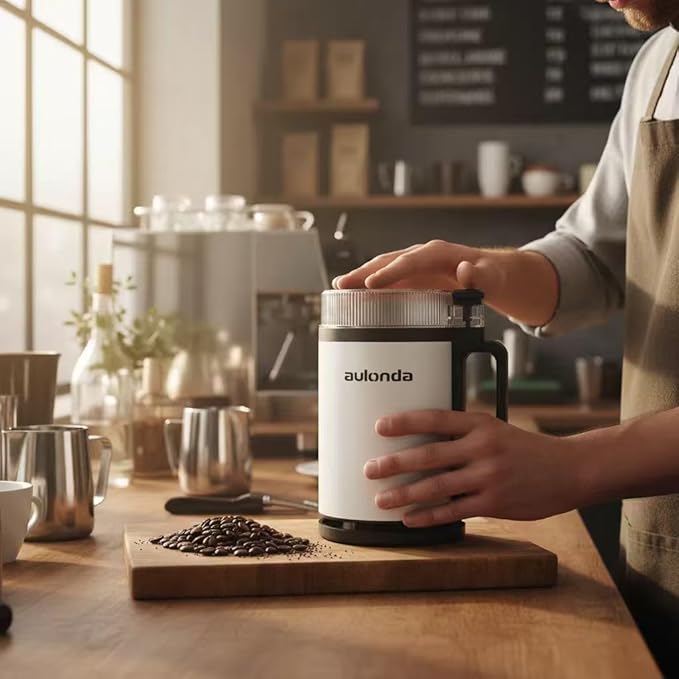 Professional Electric Coffee Grinders,10 OZ Large Capacity or Coffee Beans & Spices,One Touch Push-Button Control,350W Motor with Stainless Steel Blades,Safety Lid Lock - White