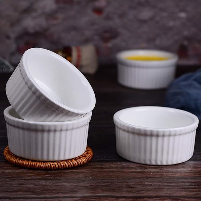 Foraineam Set of 12 Pcs 6 oz Porcelain Souffle Dishes, White Ramekins Bakeware Set Dessert Custard Baking Cups for Baking, Cooking, Serving and More