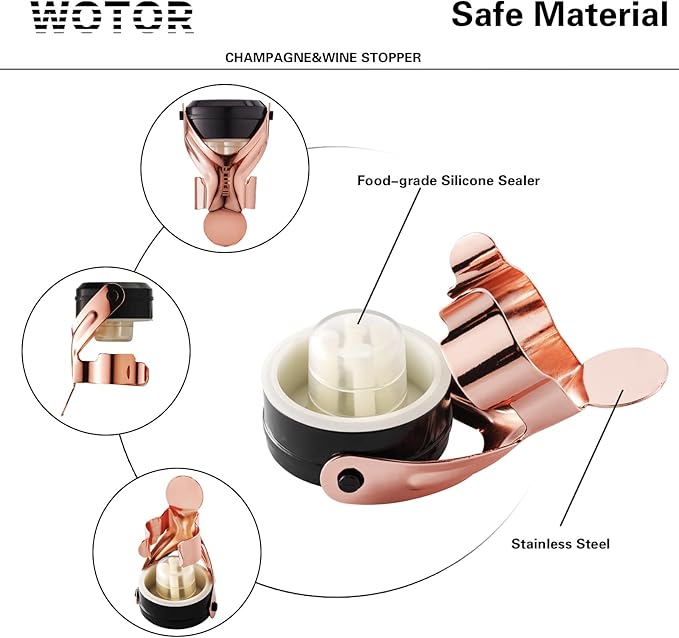 WOTOR Champagne&Wine Bottle Stoppers Stainless Steel with Food Grade Silicone, Leak Proof Keep Fresh Reusable Saver, Cork Suitable for Wine, Champagne, Cava, Prosecco and Sparkling (2 Pack Rosegold)