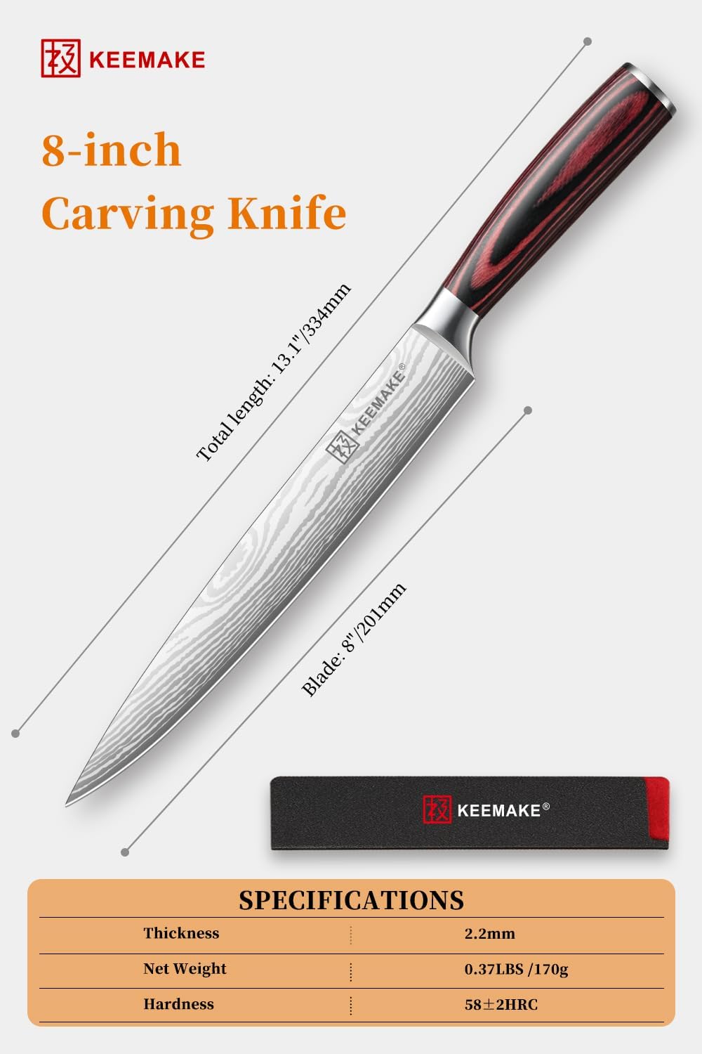 KEEMAKE 8 Inch Carving Knife - Ultra Sharp Slicing Knife High Carbon Stainless Steel Blade & Ergonomic Handle for Meat Cutting BBQ Turkey Ham Gift Box Included