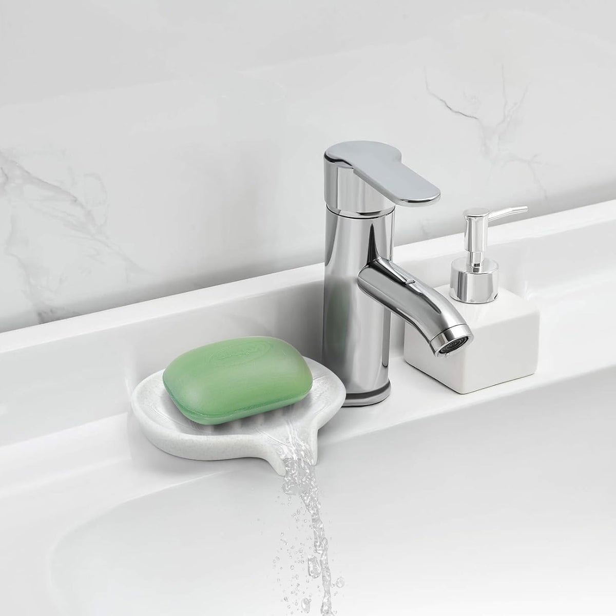 2 Pcs Soap Dish with Drain- Self Draining Bar Soap Holder for Shower, Marble Look Soap Savers Soap Tray Sponge Holder for Kitchen, Bathroom, Bathtub Sink, Crystal White
