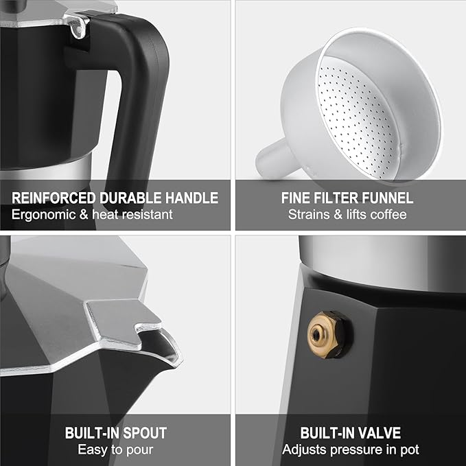 Sivaphe Aluminum Moka Pot 6 Espresso Cups, Percolator Espresso and Coffee Maker, Portable Stovetop Italian and Cuban Café Brewer for Home and Camping Black