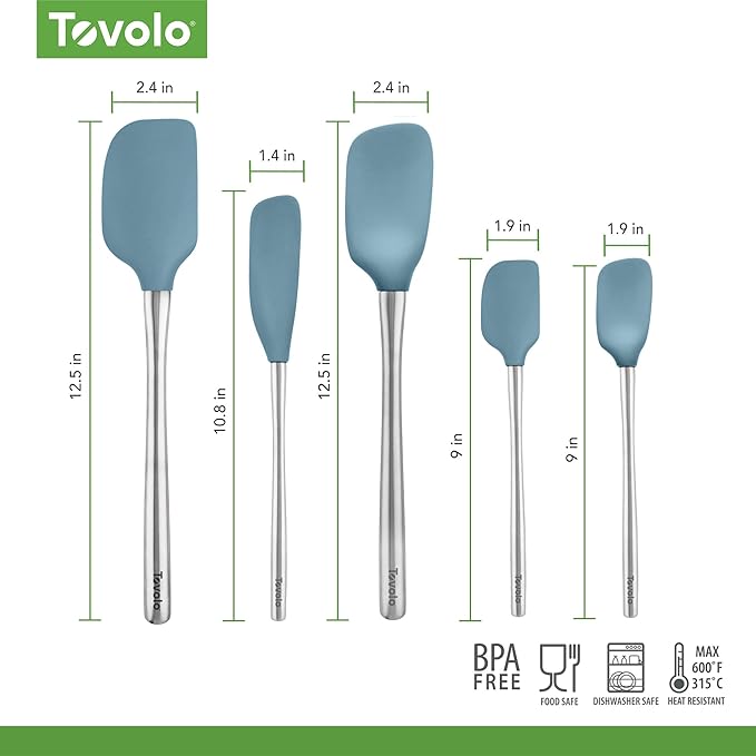 Tovolo Stainless Steel Handled Silicone Spatula Set of 5, Dishwasher Safe Kitchen Spatula Set for Cooking Baking, BPA Free Silicone Spatula set with Metal Steel Handle, Blue Slate