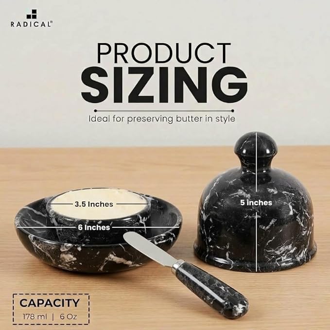 Radicaln Marble Butter Dish With Lid For Countertop 6" Inches Black Zebra Handmade Butter Spreader For Kitchen Accessories, Ideal Butter Crock for Butter & French Butter Holder