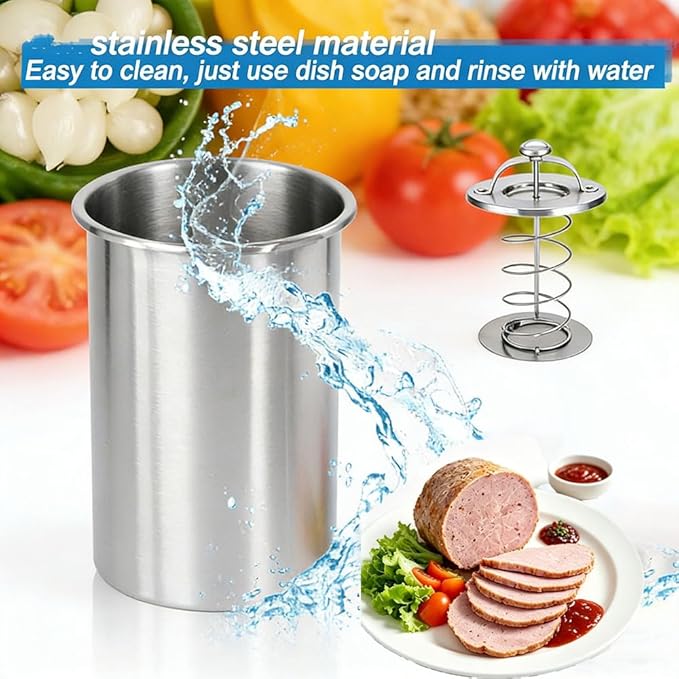 Stainless Steel Ham Maker Meat Press with Thermometer,Homemade Lunch Meat Maker Mold with Spring-Loaded Platen for Cold Cuts, Meatloaf, and Sandwich Making