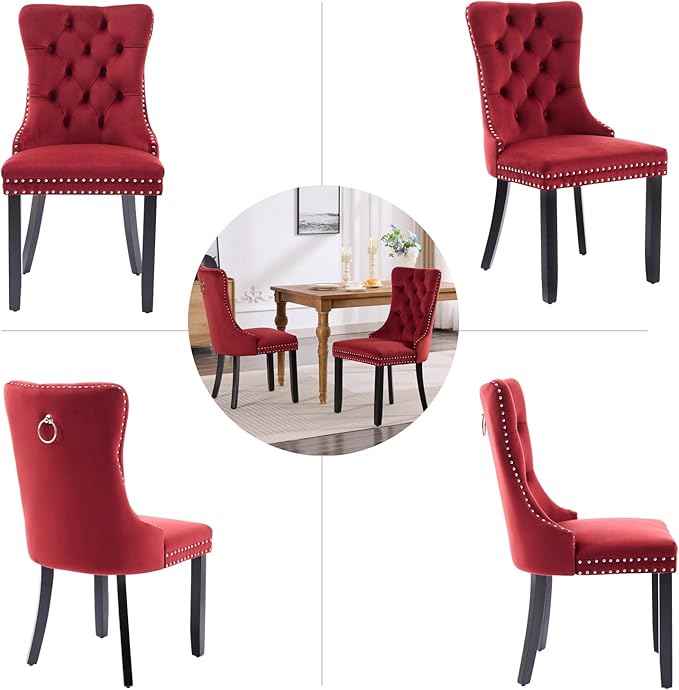 Velvet Dining Chairs Set of 4, Upholstered Dining Room Chairs with Back Ring Pull Trim and Solid Wood Legs,Tufted Wingback Kitchen Chairs for Dining Room,Kitchen(Wine Red)