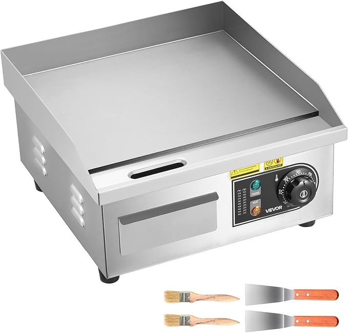 VEVOR Commercial Electric Griddle, 13.98 x 11.81 inch, 1750W, 122-570°F Adjustable Temp Control, Stainless Steel Countertop Flat Top Grill with 2 Spatulas and 2 Brushes, for Steak, Pancake, Squid