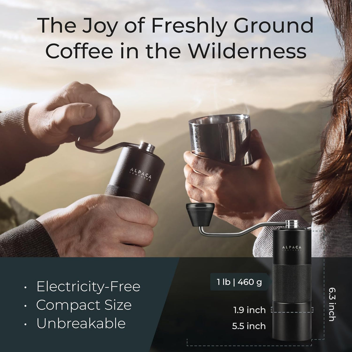 Manual Coffee Grinder by Alpaca Ventures - Stainless Steel Conical Burr Coffee Grinder Manual with Adjustable Setting Double Bearing Hand Espresso Grinder Perfect for Home, Office and Camping
