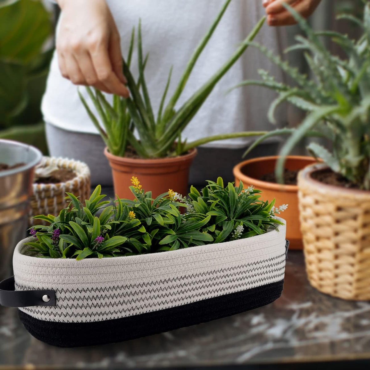 2 Pack Cotton Rope Toilet Basket Bathroom Decor Baskets, Toilet Paper Holder Basket, Farmhouse Home Decor Organizing 13"x5.9"x4" Black