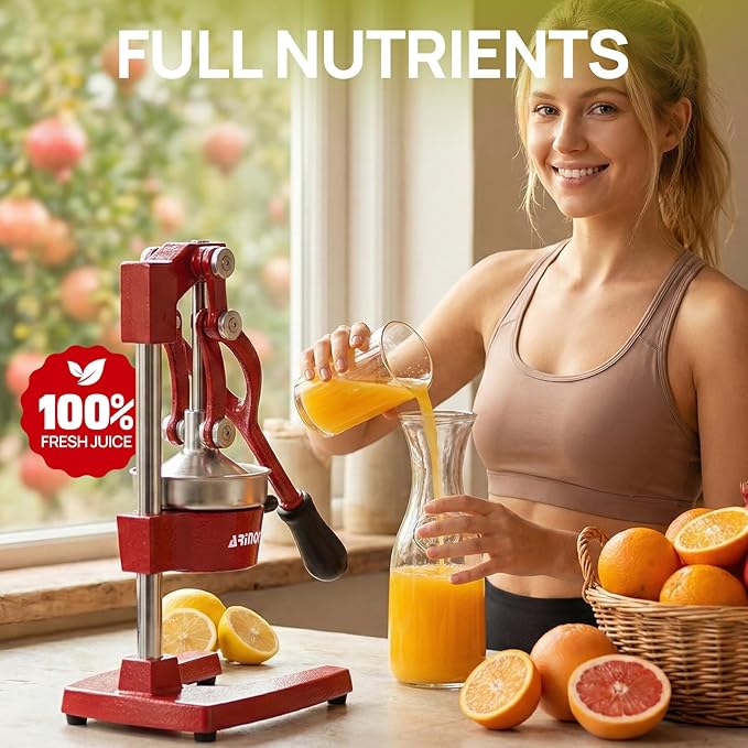 Kitchen Cast Iron Citrus Juicer,Manual Hand Press Orange Juicer,Heavy Duty Countertop Squeezer for Lemon,Orange, Easy to Use & Clean(Red)