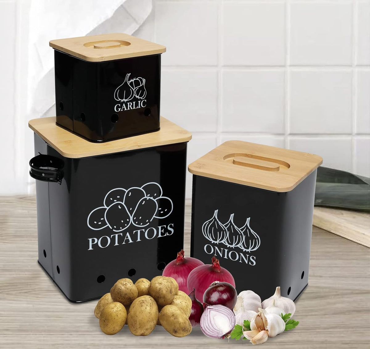 Kitchen Canisters Set, Storage Bin for Potato Onion & Garlic, 3 Pack Set Countertop Pots Containers with Wooden Lid - Potato Storage, Garlic Bin, Onion Keeper Tin with Aerating Holes-Black