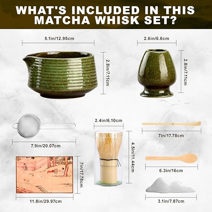 Matcha Whisk Set,(8Pcs) Includes Ceramic Matcha Bowl, Whisk, Holder, Scoop and Spoon, Rest, Sifter, Tea Towel,Traditional Tea Ceremony Set Gift