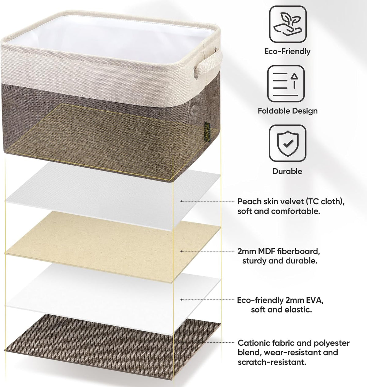 BALEINE 3 Pack Fabric Storage Bins for Shelves, Linen Storage Baskets for Organizing, Decorative Closet Bins for Clothes, Home (Brown, 15"x11"x9.5") 