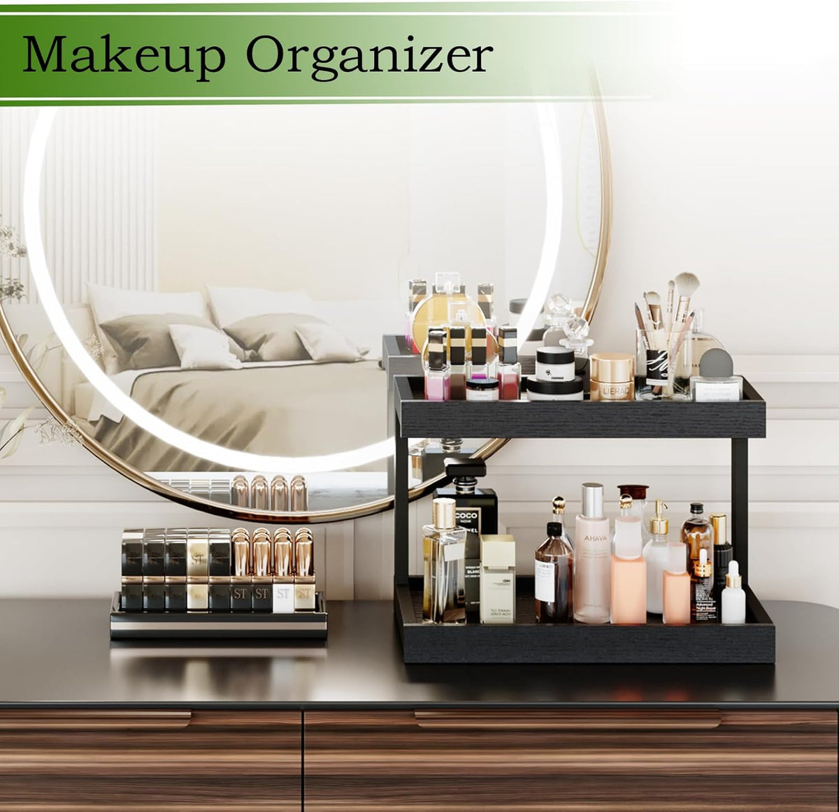 MARTY 2 Tier Spice Rack Organizer for Countertop, 15.8''L Coffee Station/Bathroom Organizer Countertop, Counter Shelf Desktop Storage Organizer for Kitchen, Bedroom, Office (Black)