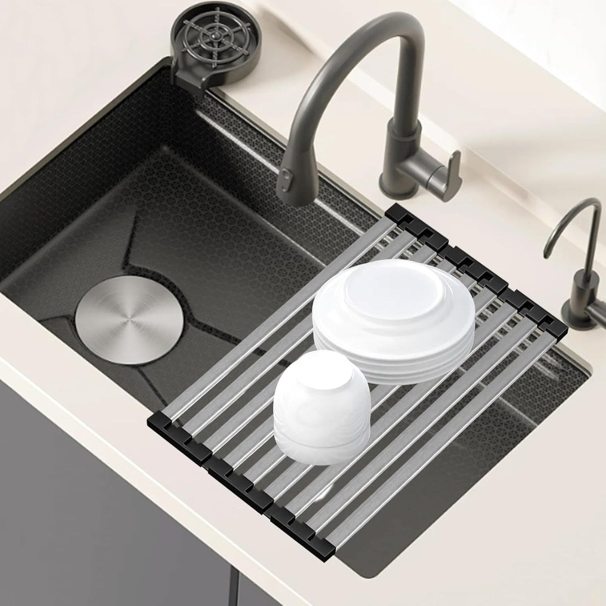 21.5" X 13" Dish Drying Rack, Over Sink Drying Rack, Kitchen Roll Up 304 Stainless Steel Drain Rack, Roll Up for Kitchen and RV Sinks, Black