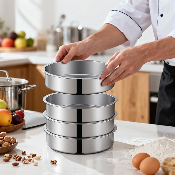 Ohtomber 8 Inch Cake Pan - Set of 4 Stainless Steel Round Layer Cake Baking Pans Molds, Tins, Stackable Baking Set, Even Heating, Dishwasher Safe Non-Toxic Bakeware Dish for Birthday Wedding Christmas