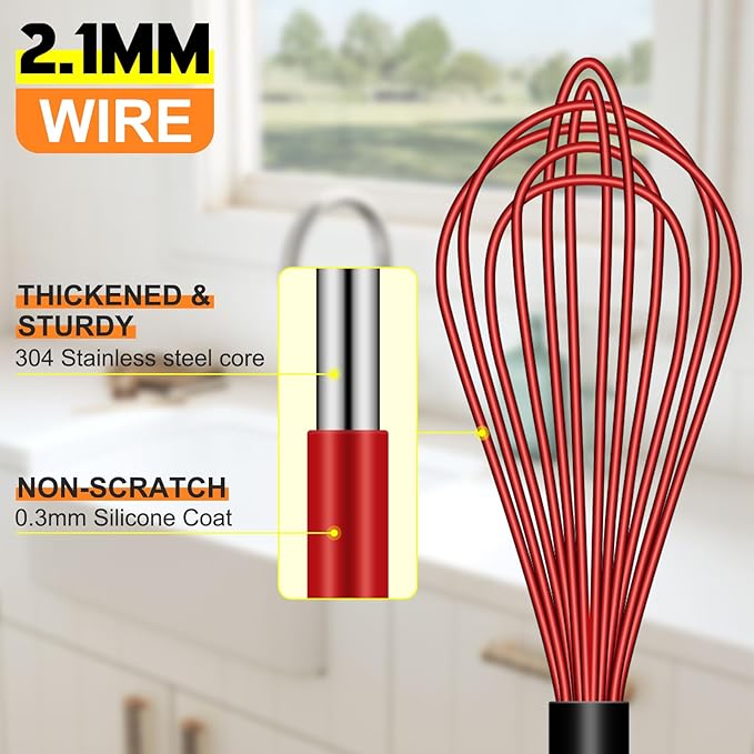HOTEC 4 Pieces Silicone Whisks Set, Wire Balloon Whisks Egg Beater, Non-slip Handle Whisk for Non-stick Cookware Perfect for Cooking, Stirring, Beating and Blending (Red)