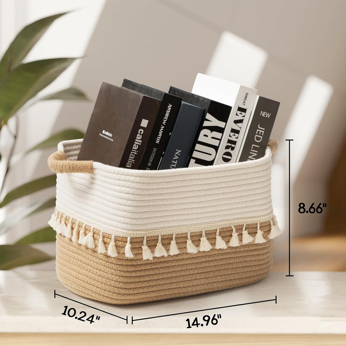 TeoKJ Woven Storage Bin Set of 3, Cotton Rope Basket for Storage, Clothes Boho Basket Bin for Organizing, Fabric Basket for Books, Plants, Pet Treats, White & Jute