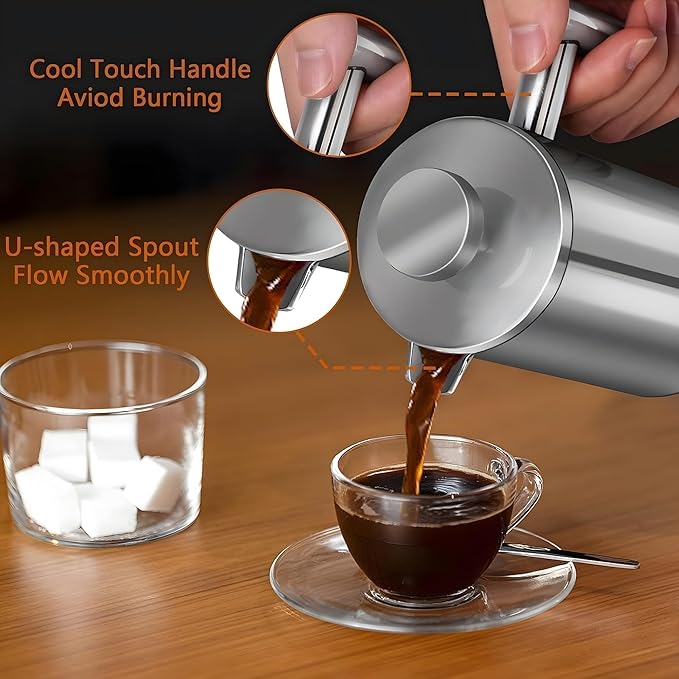 French Press Coffee Maker 34oz, Stainless Steel Double Wall Insulated, 3 Extra Filters & Coffee Spoon for Hot/Cold Brew, Durable Coffee Press for Home, Camping, Office - Silver