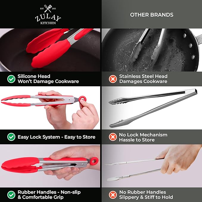 Zulay Stainless Steel Kitchen Tongs with Silicone Tips - Set of 2 (9” & 12”) Locking Cooking Tongs with Non-Slip Grip - Heat Resistant, BBQ Food Tongs for Non-Stick Cooking Pans (Silver/Soft Red)