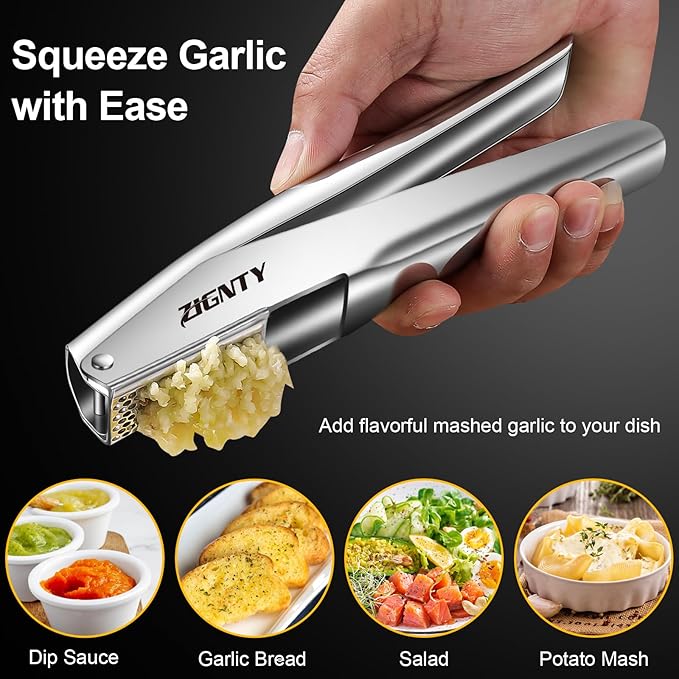 Garlic Press Stainless Steel,Premium Garlic Mincer Tool,No Need to Peel Garlic Ginger Crusher & Masher Easy Squeeze Large Trough Ergonomic Handle,Rust Proof,Dishwasher Safe (5 Years Warranty)