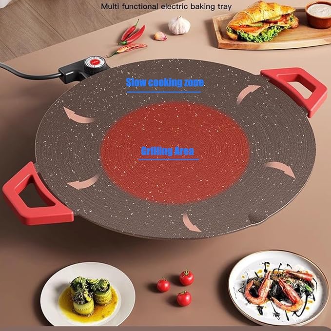 Indoor Smokeless Electric Griddle, Nonstick Round Tabletop Grill with Temperature Control, 1000W Fast Heating, Oil Drain Design for Steaks, Burgers, Pancakes, BBQ (36 cm/14 inch)