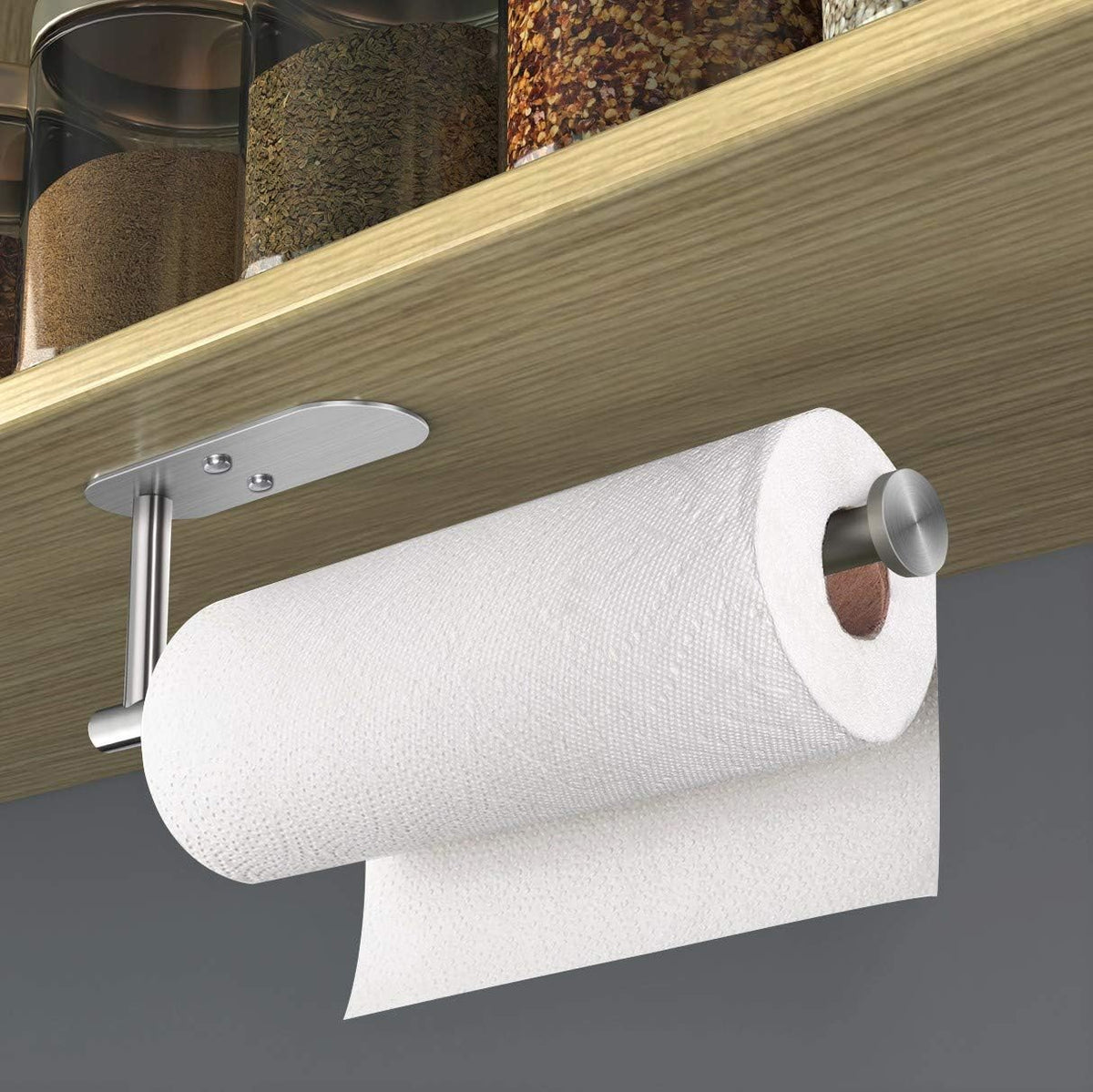 VAEHOLD Adhesive Paper Towel Holder Under Cabinet Mount, Wall Mounted Paper Towel Roll Holder for Kitchen Paper Towel, Stainless Steel(Silvery)