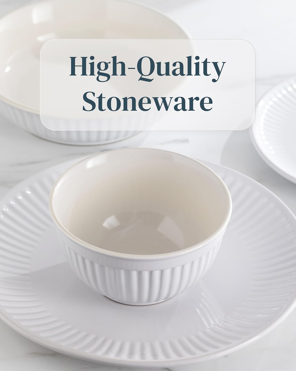 Stoneware Dinnerware Set for 4 People HYGGE 12-Piece - Elegant Scandi Design - Premium Dish Set - Bowl and Plate Set - Tableware for 4 People in a Ribbed Design - Pure Living in White