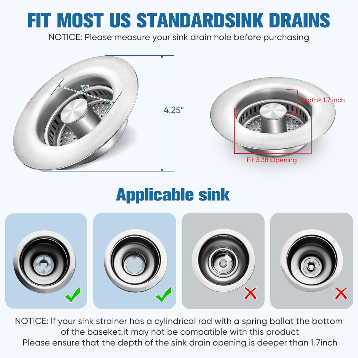 2025 Upgraded 3 in 1 Kitchen Sink Drain Strainer&Sink Stopper,Stainless Steel Pop up Sink Drain Strainer,Anti-Clogging Basket Strainer,High Durability with Brass Core,Fit 3-1/2",Chrome