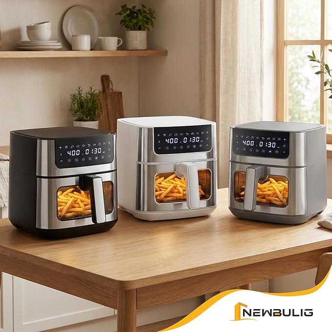 NEWBULIG Air Fryer 6.34QT, Airfryer with Visible Window, 400℉ Fast Heating Air Fryers Oven with Nonstick and Dishwasher-Safe Basket, 8-in-1 Cooking Preset, Timer,Auto-Off, Stainless Steel, White