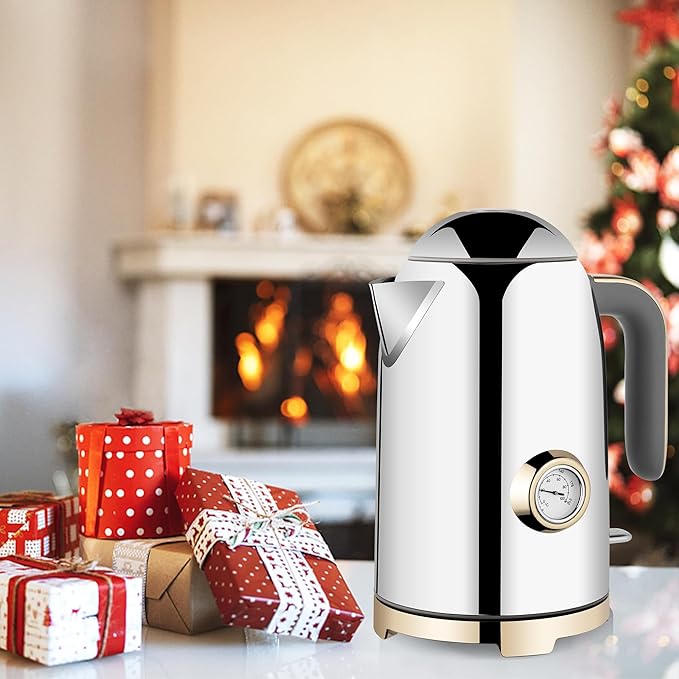 SUSTEAS Electric Kettle - 57oz Hot Tea Water Boiler with Thermometer, 1500W Fast Heating Stainless Steel Pot, Cordless LED Indicator, Auto Shut-Off & Boil Dry Protection, Glossy Silver