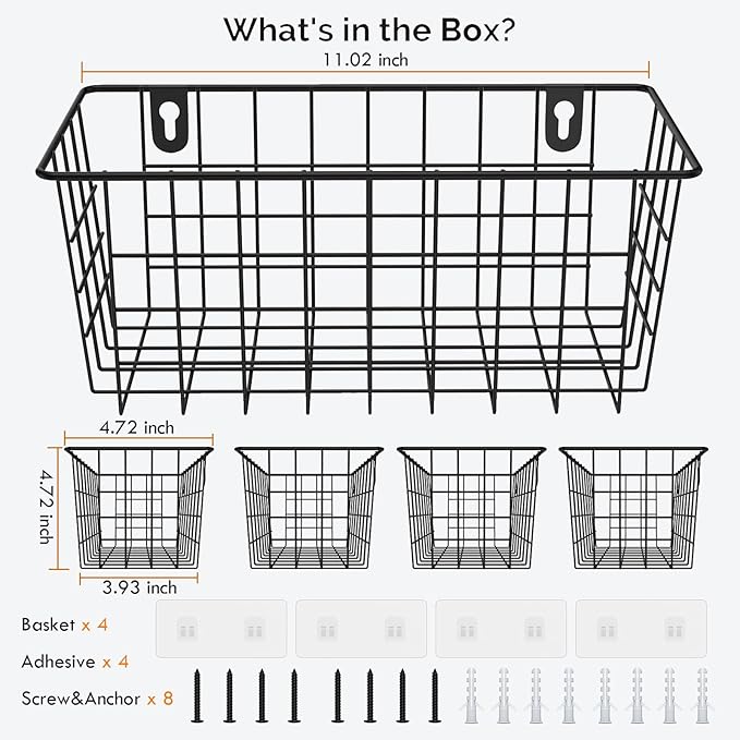 MaraFansie Hanging Kitchen Baskets Wire Storage Basket Adhesive and Screws Basket Over the Cabinet Door Organizer with Adhesive Strips and Screws Accessories, 2 Installations, 4 Pack, Black