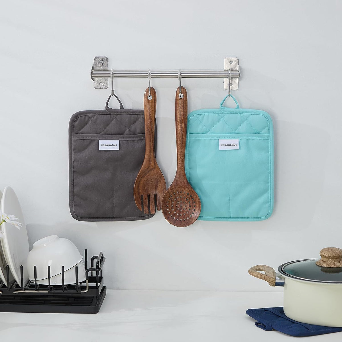 Kitchen Pot Holders, 7"x9", Rectangular with Pocket, Cotton and Neoprene Heat-Resistant Potholders for Cooking and Baking, Machine Washable, 3-Piece Set (Navy Blue)