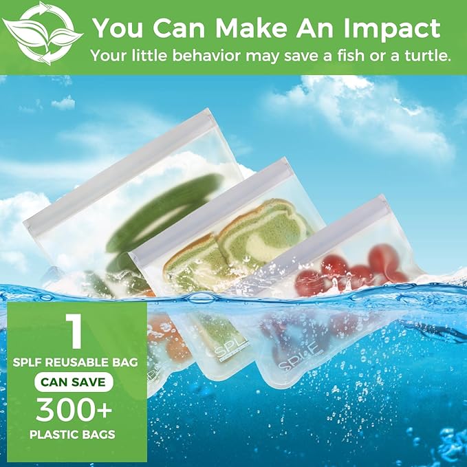SPLF 18 Pack BPA FREE Reusable Storage Bags (6 Gallon Freezer Bags, 6 Sandwich Bags, 6 Snack Bags), Extra Thick Leakproof Silicone and Plastic Free Lunch Bag