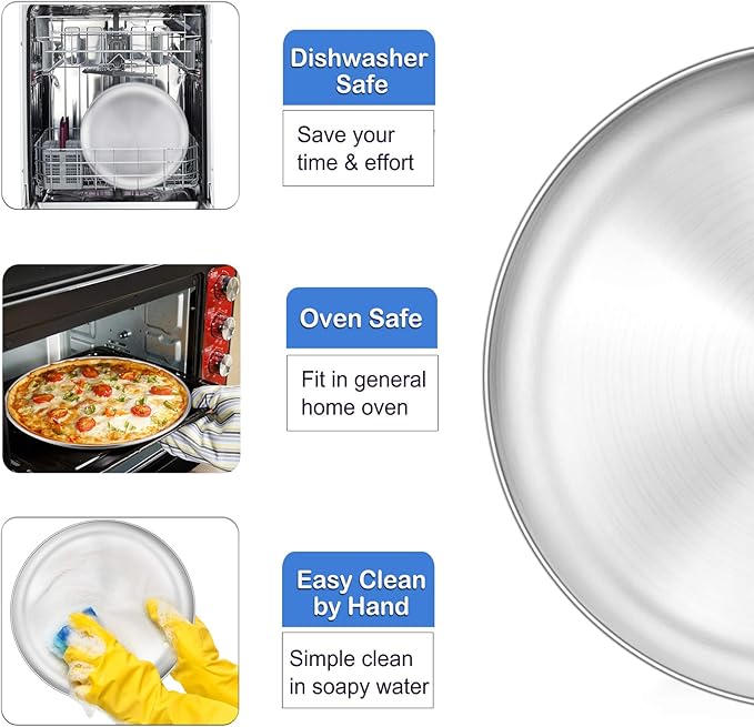 P&P CHEF Pizza Pan Set of 2, Stainless Steel Pizza Tray, Round Pizza Plate For Pie Cookie Pizza Cake, Non Toxic & Heavy Duty, Dishwasher Safe & Easy Clean, 10 Inch & Silver