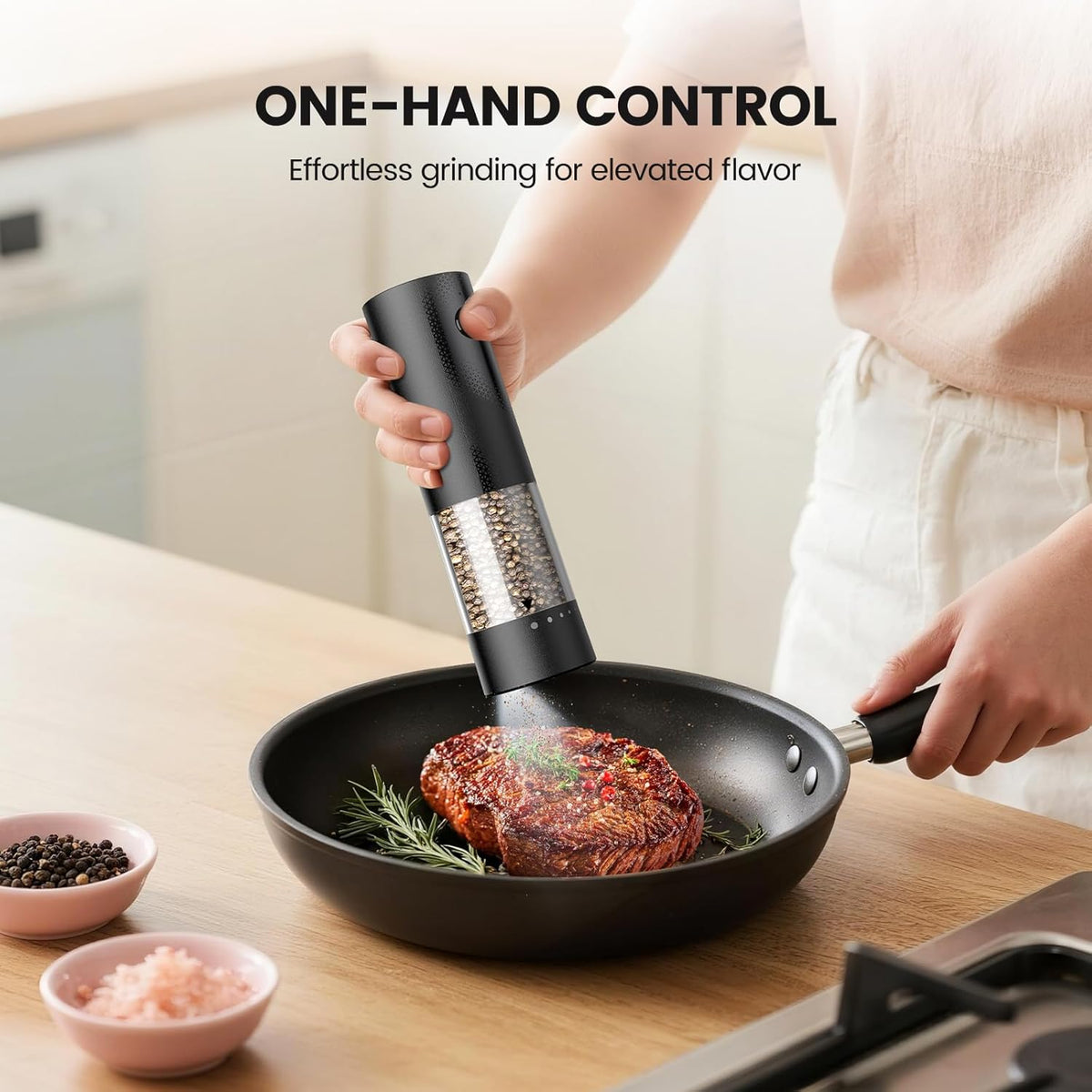 Electric Salt and Pepper Grinder Set - Rechargeable Automatic Salt and Pepper Shakers, Kitchen Appliances with External Adjustable Coarseness, Larger Hopper for Cooking, Home Gifts(2 Pack,Black/Black)