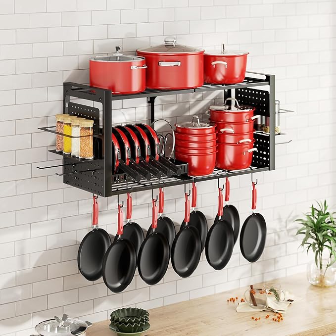 31 Inch Pot Rack Wall Mounted,3 in 1 Pots and Pans Organizer with 2 tier Kitchen Racks & Pot Lid Organizer Holder and 20 Hooks,Heavy Duty Hanging Pot Hanger for Kitchen Cookware, Utensils, Black