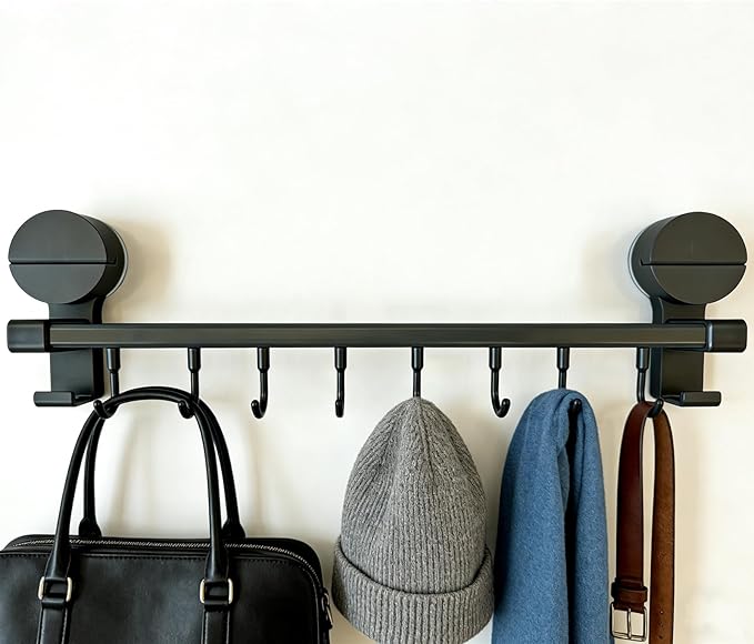 Wall Mounted Utensil Hook Rack with 8 Hooks, No Drill Installation, Space Gray Finish, Kitchen Organizer for Coats, Bags, and Accessories,Suction Cup Storage (2 Pack)